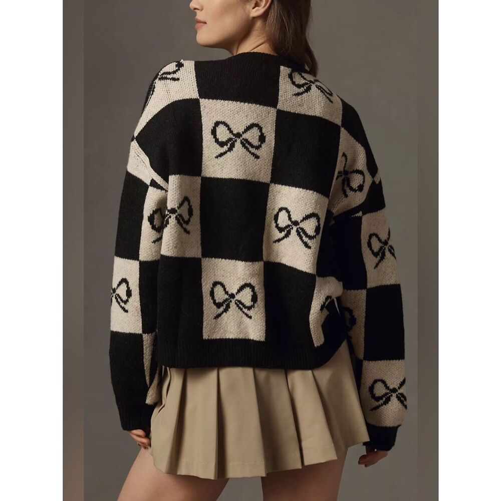 Lisa Says Gah Bow Check Lauda Cardi Sweater NWT - Picture 2 of 9